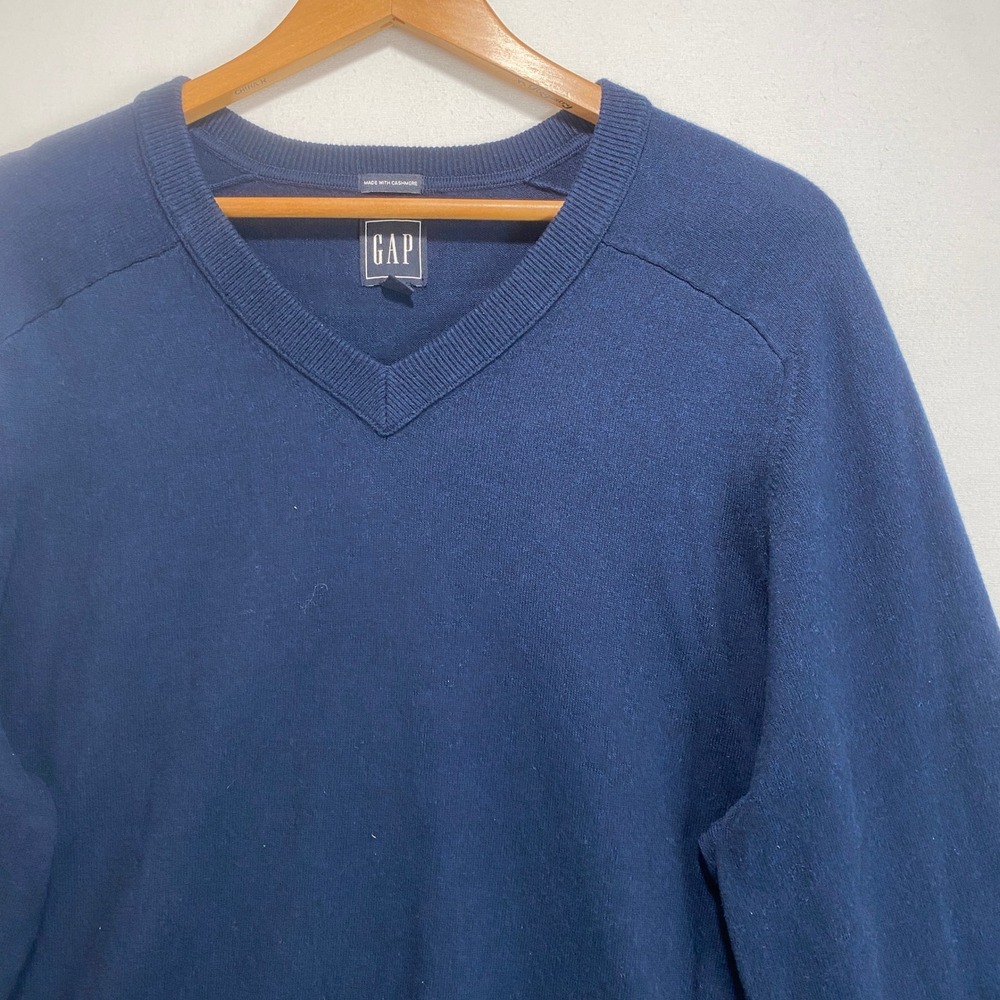 GAP Mens XL Navy‎ Blue V-Neck Sweater Cotton Wool Cashmere Blend Pullover 1166